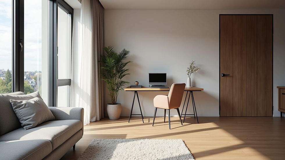 Eye-level view of a modern serviced apartment living room with a work desk