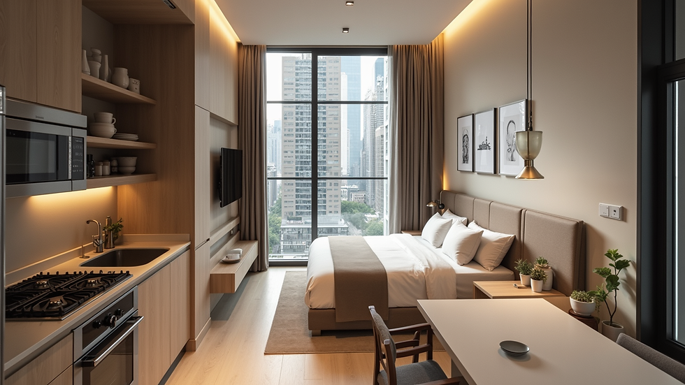 High angle view of a kitchen area in a serviced apartment