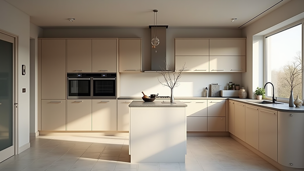 Close-up view of a spacious modern kitchen in a large group house