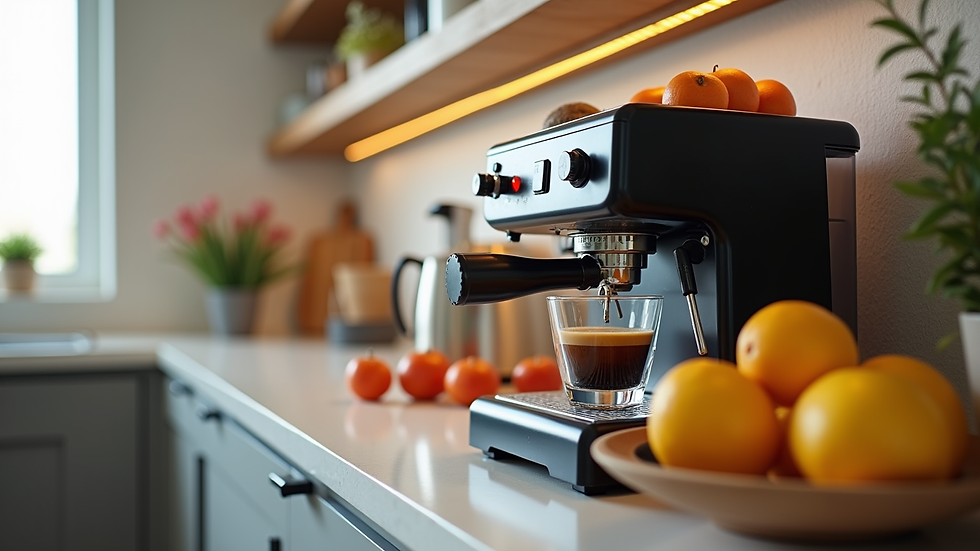 Close-up view of a kitchen countertop with coffee machine and fresh fruit