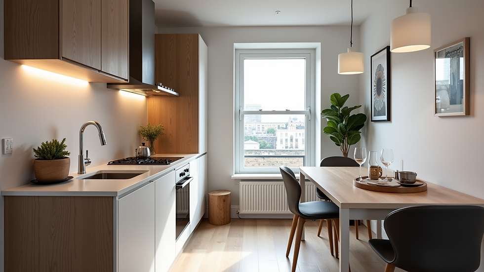 High angle view of a fully equipped kitchen in a London extended stay apartment