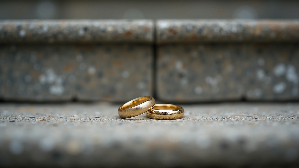 Close-up view of wedding rings on courthouse steps