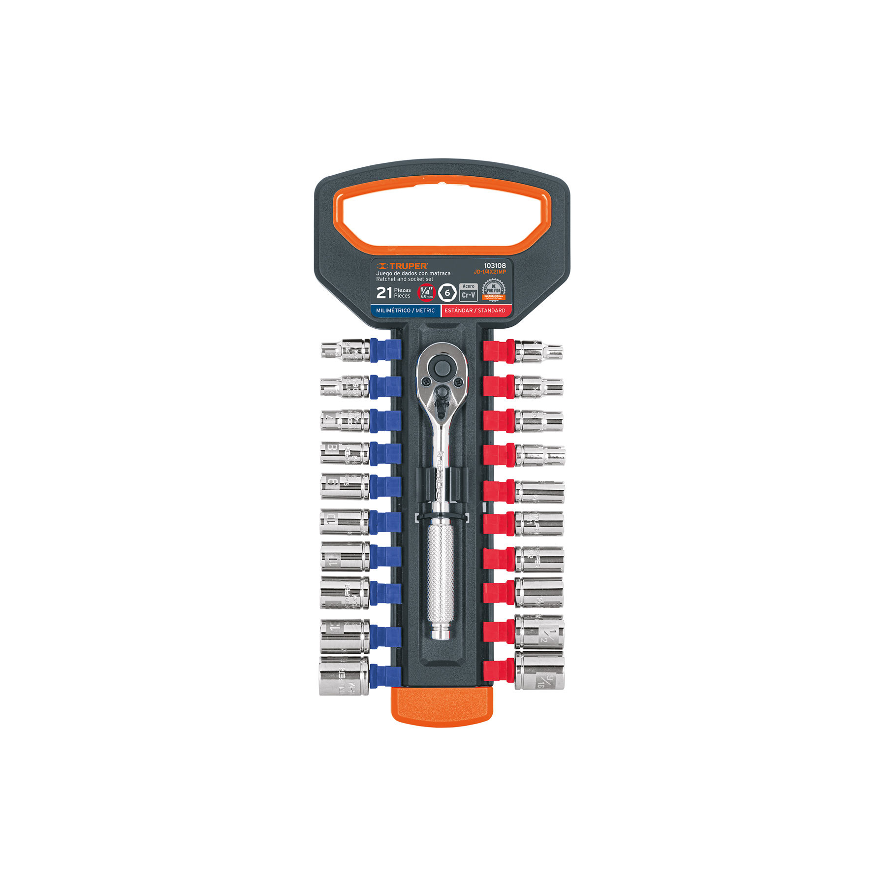 103108 JUEGO DE DADOS MM Y STD CON MATRACA  CUADRO 1/4'  TRUPER