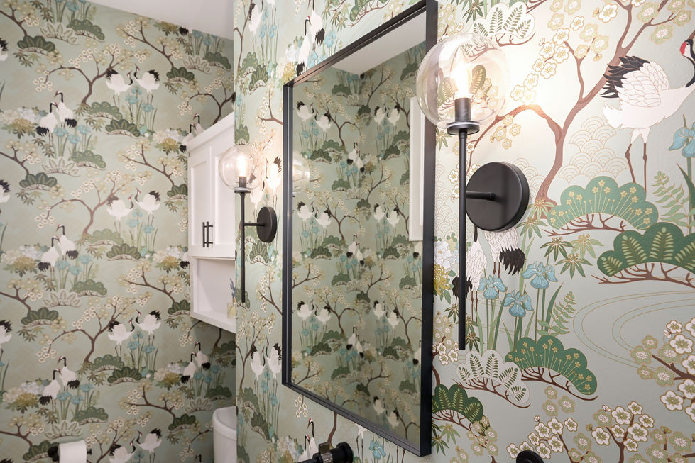 Powder bathroom mirror and sconces