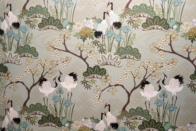 Bathroom wallpaper featuring birds and nature elements