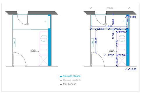 Dessin technique SOLERÍA pour la redistribution des volumes et l'optimisation d'une salle d'eau de 7 m².