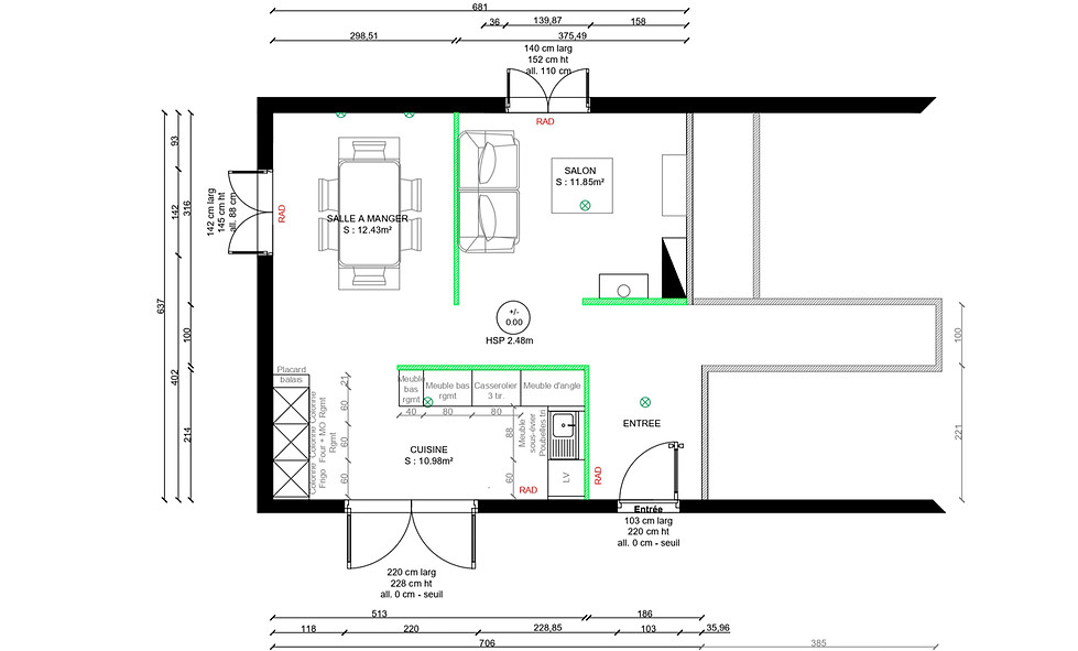 Conception et dessin technique pour la redistribution des volumes d'une salle à manger à Denicé.