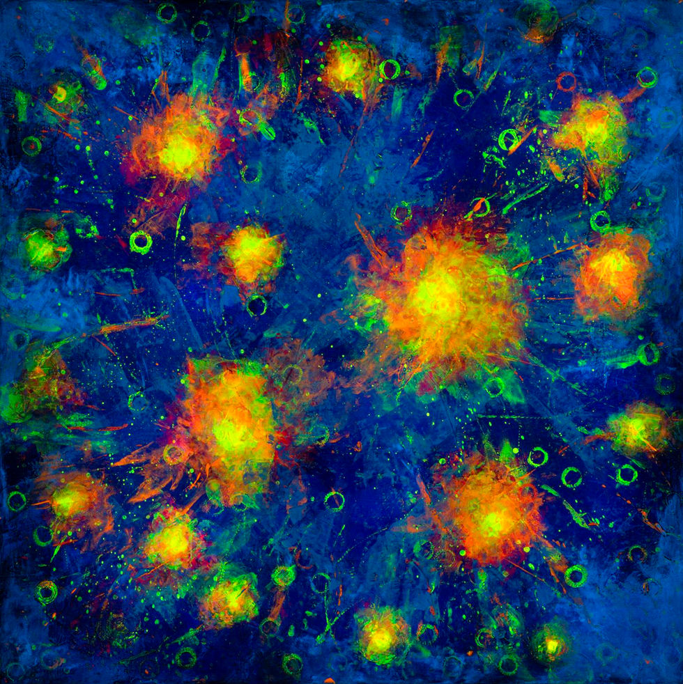 Abstract contemporary painting in blues and oranges UV