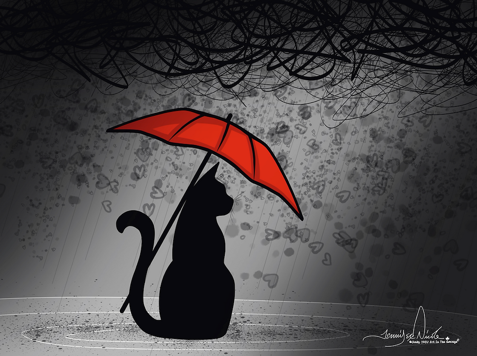 Thumbnail: Illustration of a cat-like figure with a red umbrella in the rain, by Jennifer Nicole.