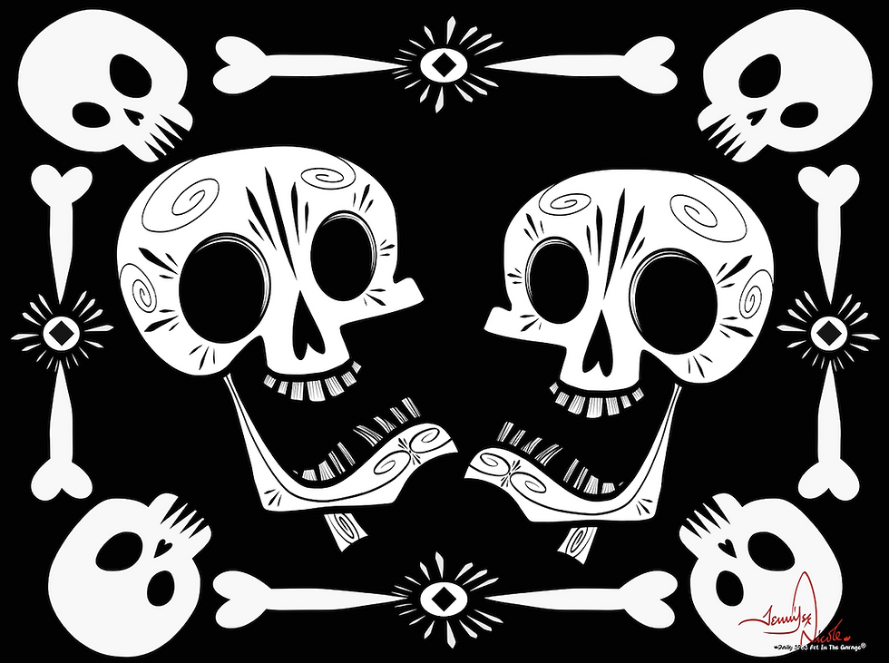 Thumbnail: A image with a black background and a repeating pattern of white sugar skulls, some with small bones and crosses.