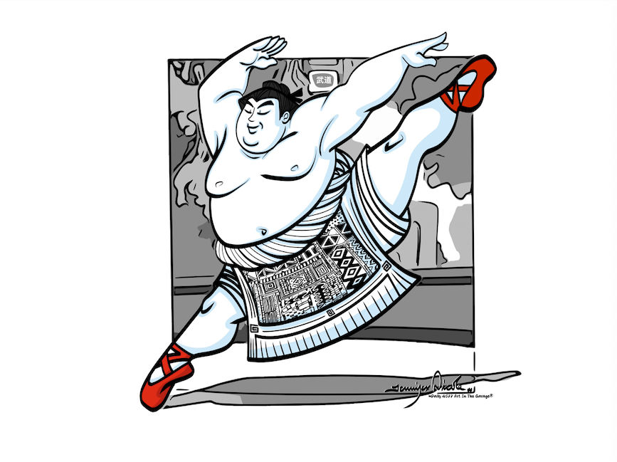 Thumbnail: A black and white line drawing of a person with a staff, in a dynamic fighting pose, an artwork by Jennifer Nicole.