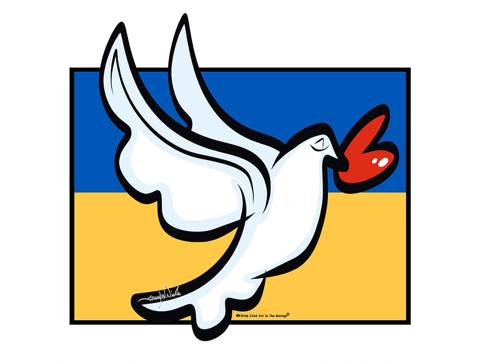 Thumbnail: An illustration by Jennifer Nicole of a white dove flying against a blue and yellow Ukraine Flag background.