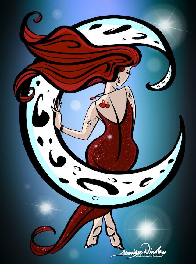 Thumbnail: An illustration by Jennifer Nicole of a woman with red hair sitting in a crescent moon, framed by a detailed circular border.