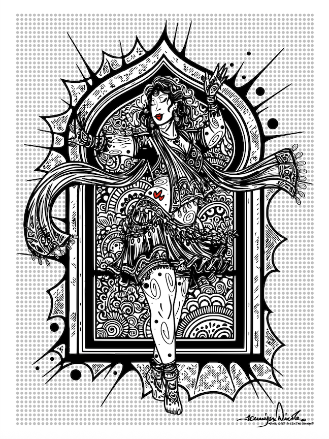 Thumbnail: A black and white illustration by Jennifer Nicole of a belly dancer with red lips, in a patterned outfit. Very graphic