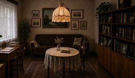 Reconstructed Soviet-era living room with books, furniture and household objects