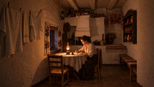 A visual interpretation of Oleksandra Radchenko writing her diaries during the 1930s. Artistic reconstruction created for the Museum of State Terror.