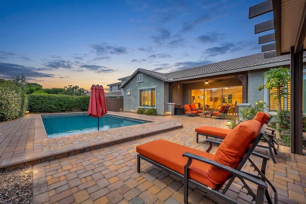 Twilight real estate backyard with pool and patio