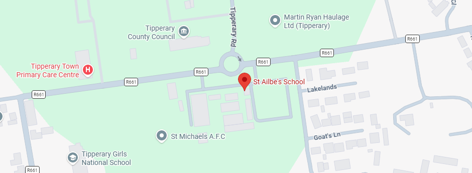 Wide landscape map screenshot centered on St Ailbe's School in Tipperary, Ireland