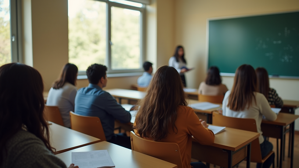 Vista en ángulo alto de un aula con estudiantes aprendiendo inglés