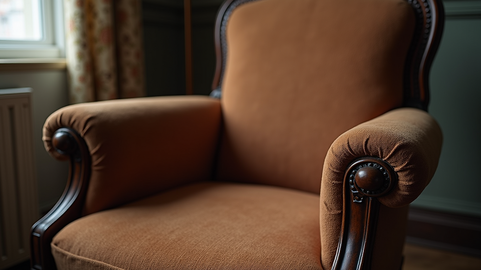 Close-up view of a vintage armchair with intricate details