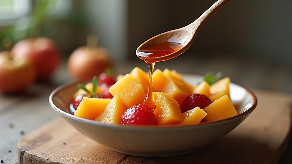 Eye-level view of a wooden spoon dripping organic maple syrup over a bowl of fresh fruit