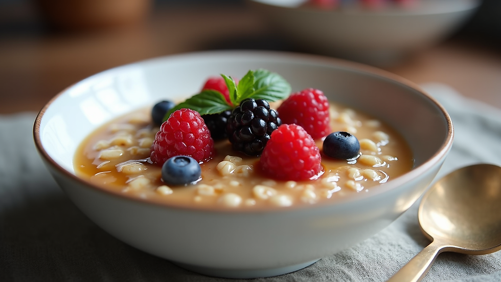Eye-level view of a bowl of oatmeal topped with fresh berries and a drizzle of maple syrup