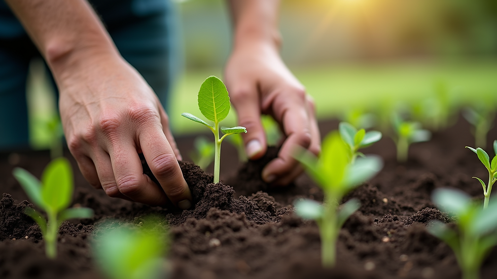 Close-up view of hands planting seedlings in a small urban garden bed