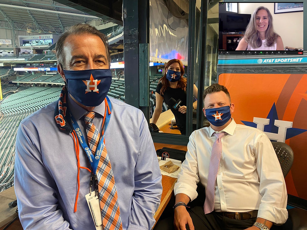 Lauren on a Monitor in the Broadcast booth alongside of Astros announcers in person.