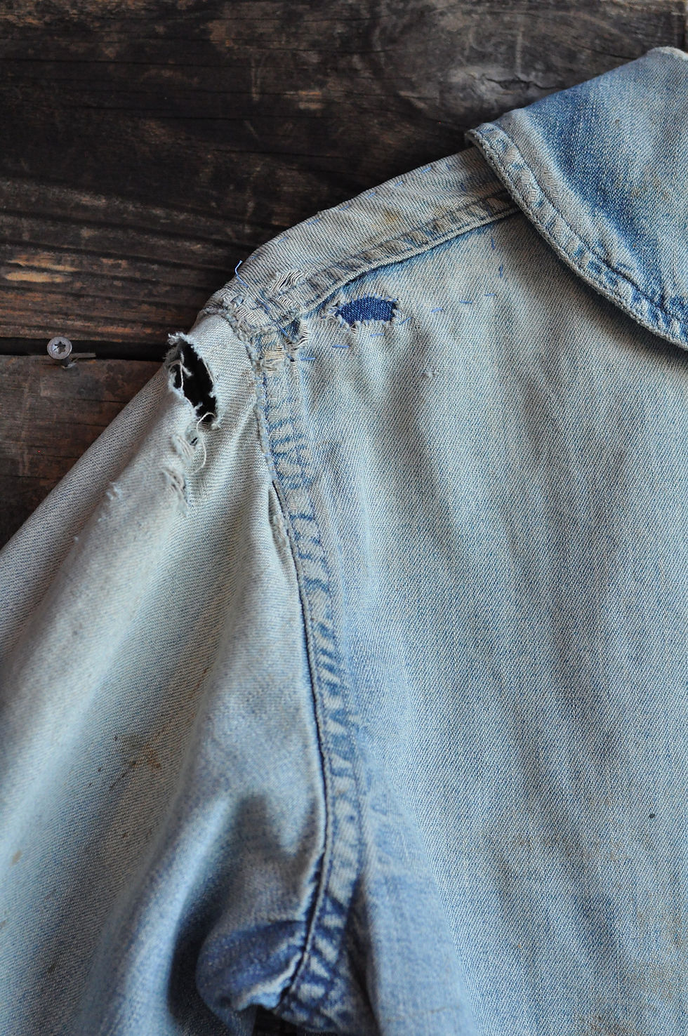 Thumbnail: Vintage Distressed + Faded 40s WWII USN Denim Shawl Collar Chore coat