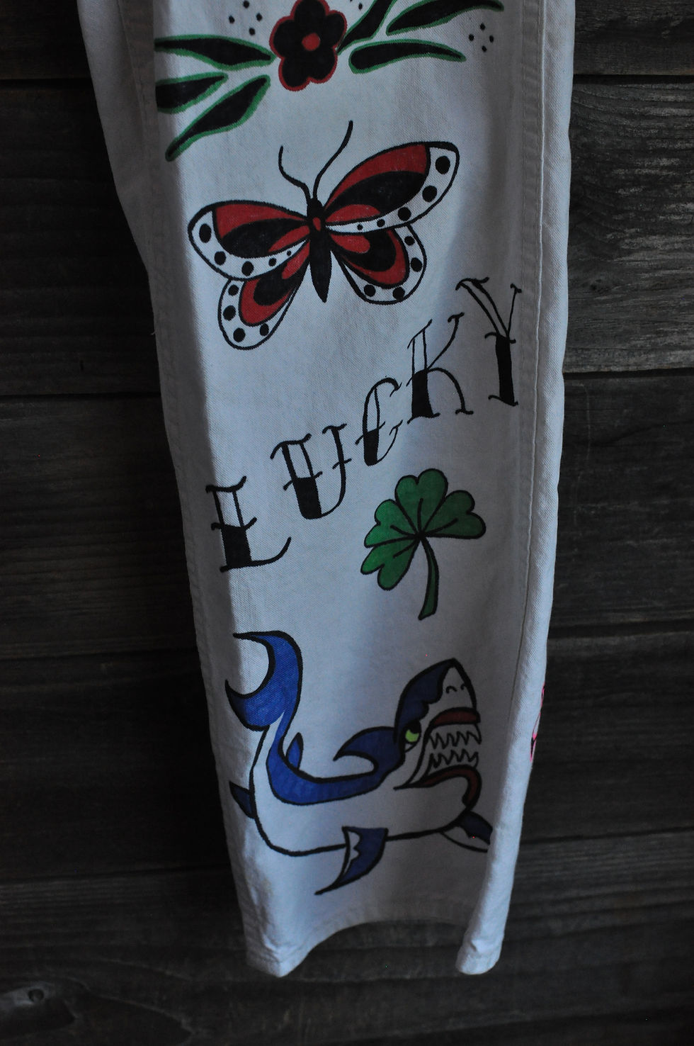 Thumbnail: OOAK Hand Drawn Vintage White Osh Kosh Carpenter Pants | 33x31