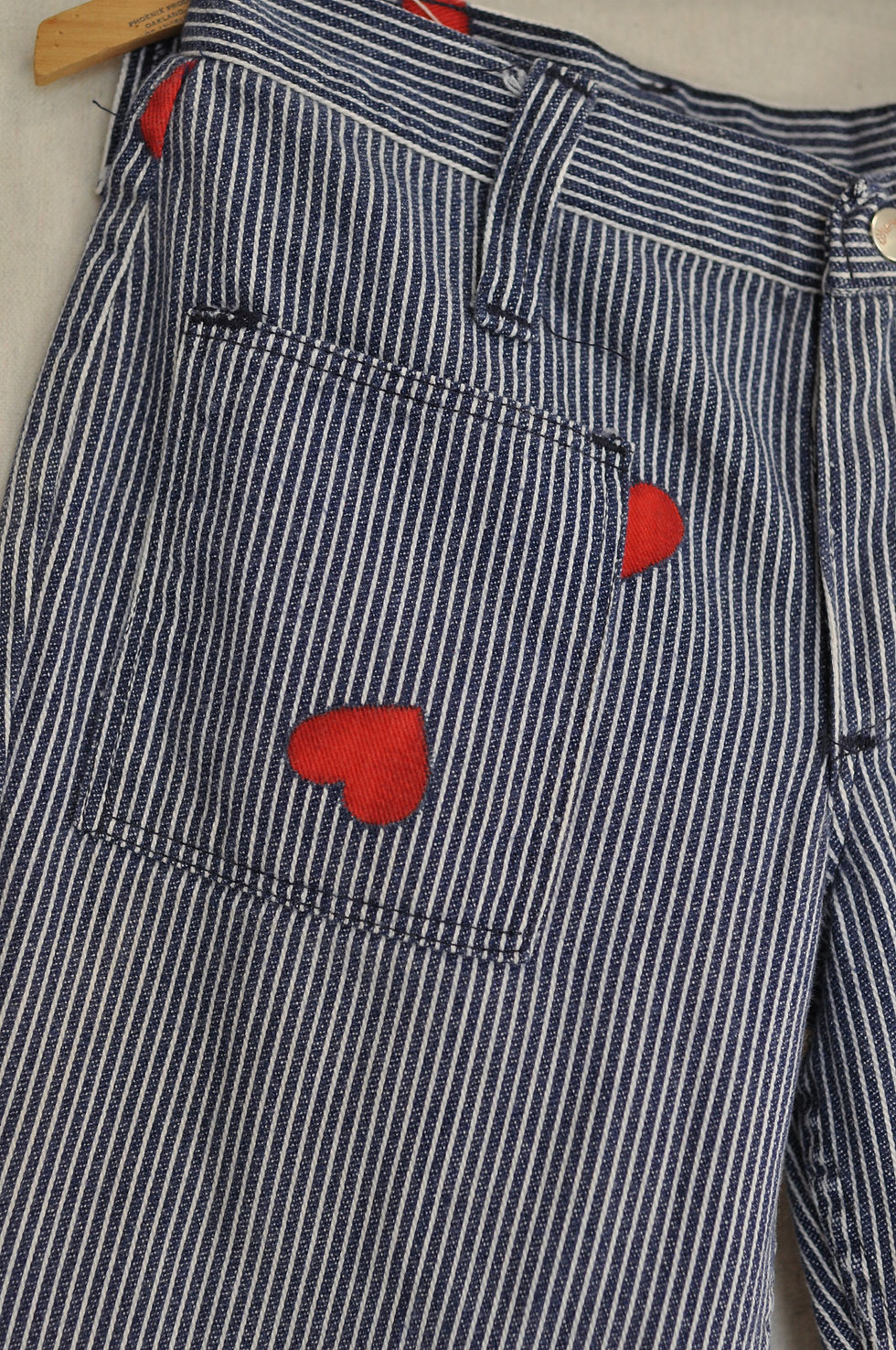 Thumbnail: Rare Vintage 60s Hickory Striped Heart Print Wrangler Hip Huggers