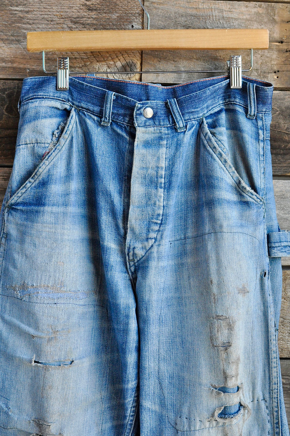 Thumbnail: 40s Repaired + Patched Donut Button Jeans | 32 x 32