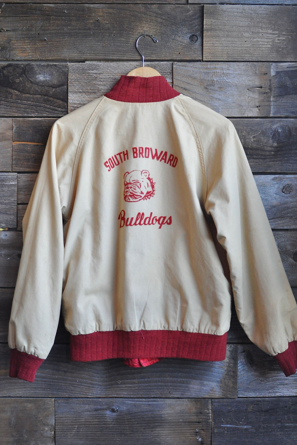 Thumbnail: Vintage 1950s Flocked Reversible Satin & Cotton Twill Bulldogs Athletic Jacket |