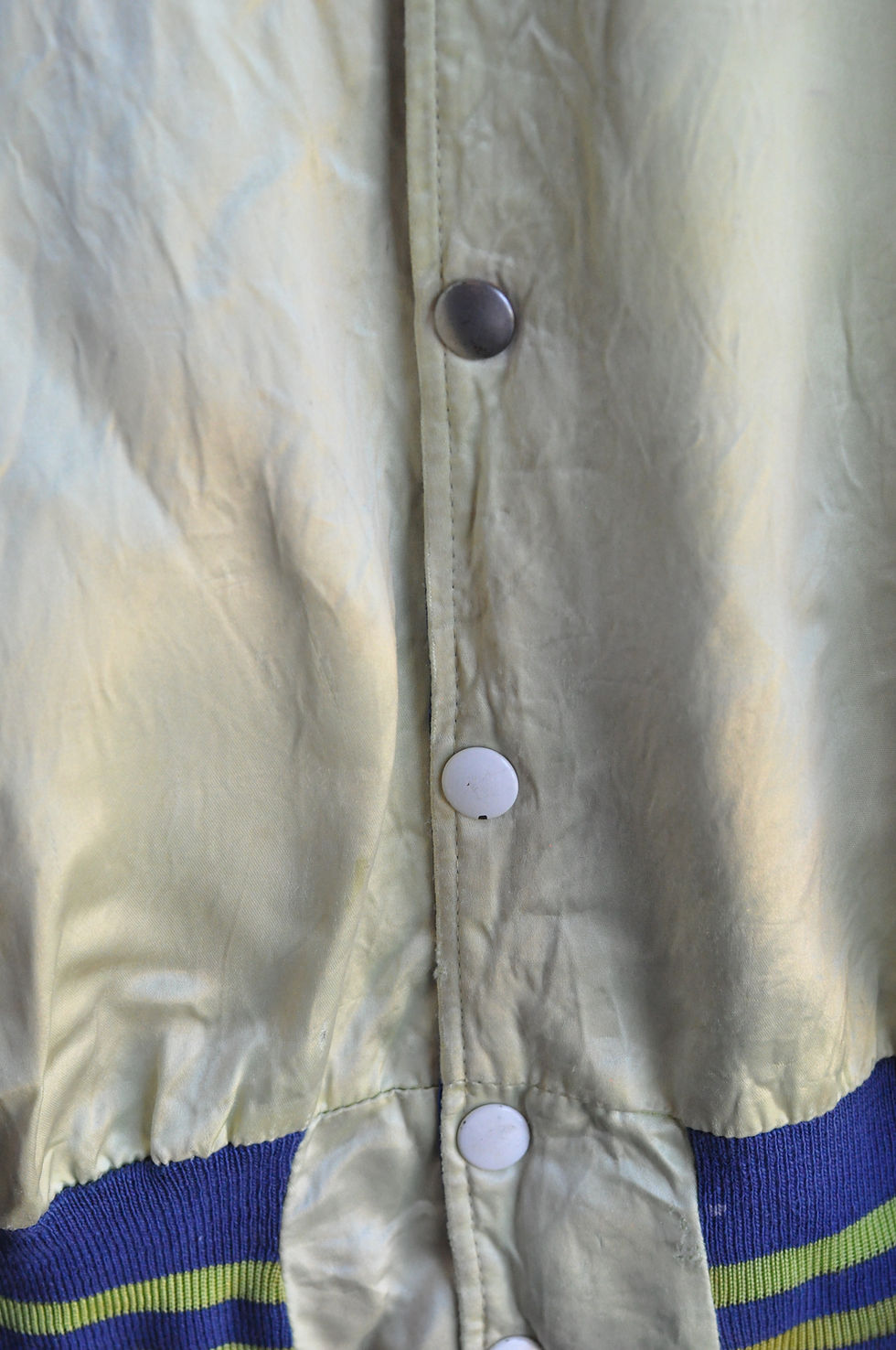 Thumbnail: Vintage 40s Reversible Chartreuse & Blue Rayon Satin Athletic Jacket | M
