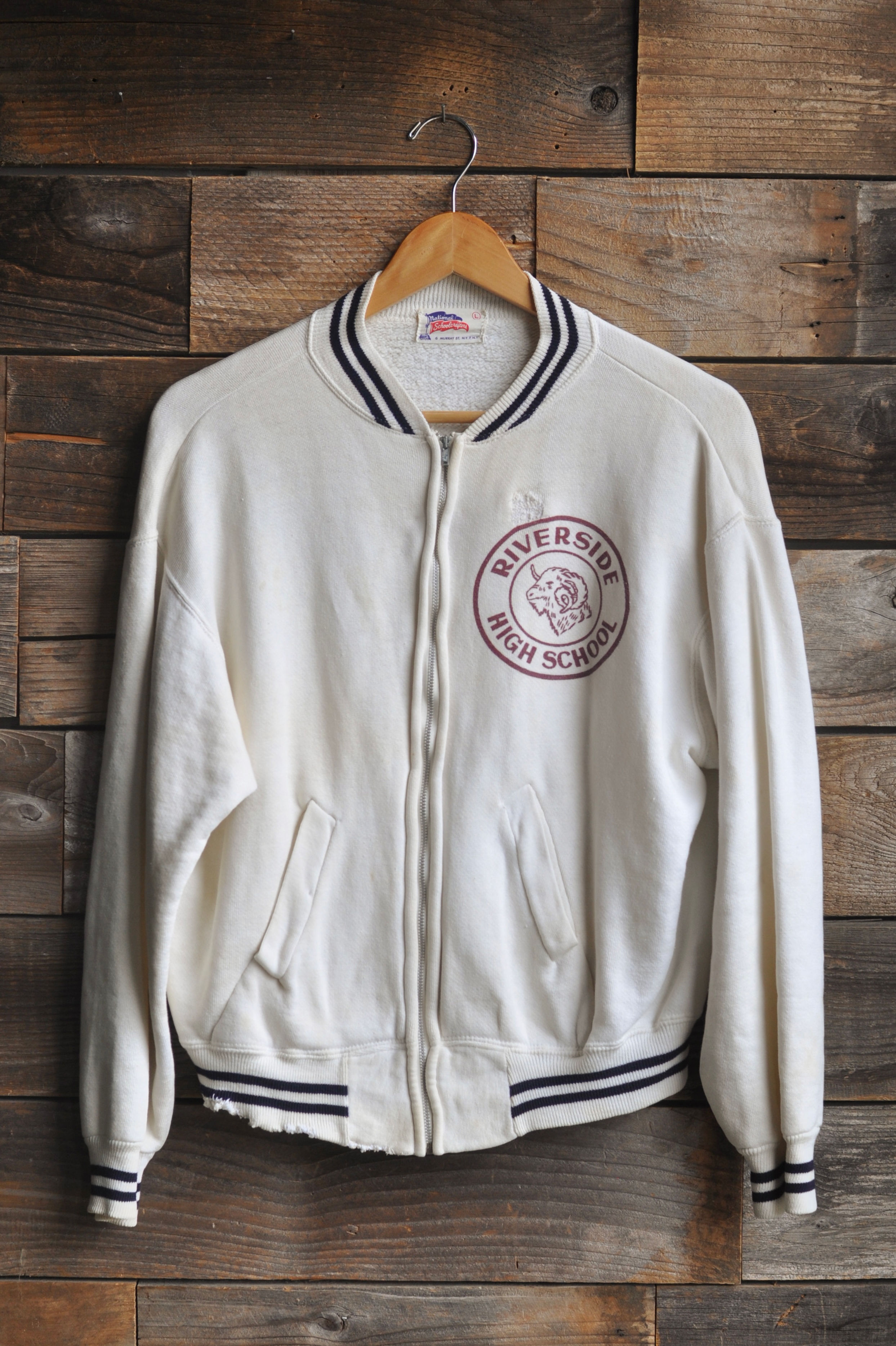 Vintage 40s 50s Distressed Cotton Zip Up Riverside HS New Jersey Sweatshirt | L