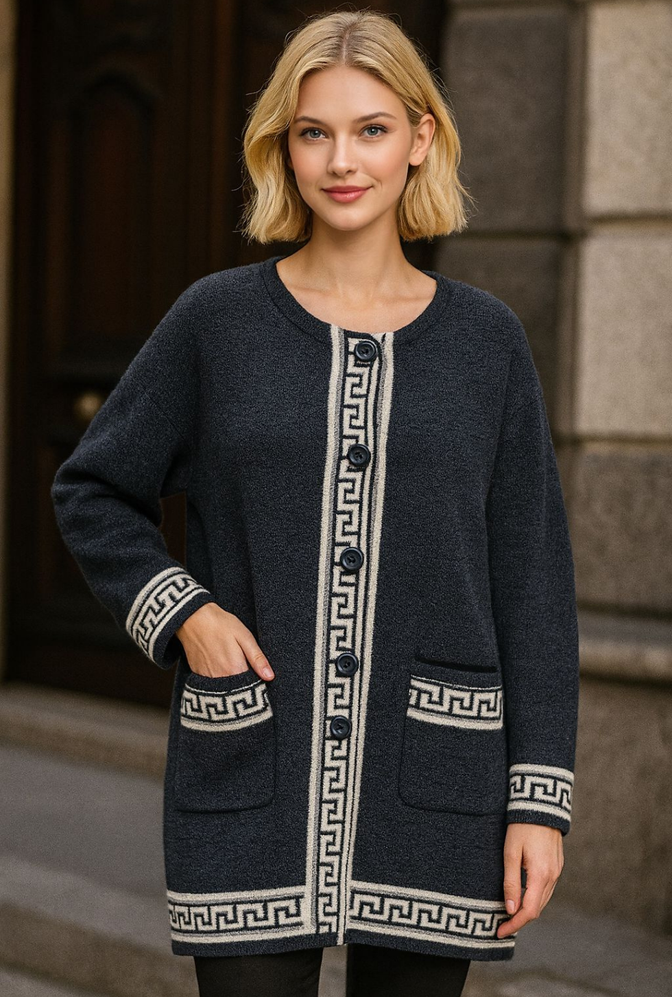 Elegant Dark Grey Longline Cardigan with Greek Key Trim