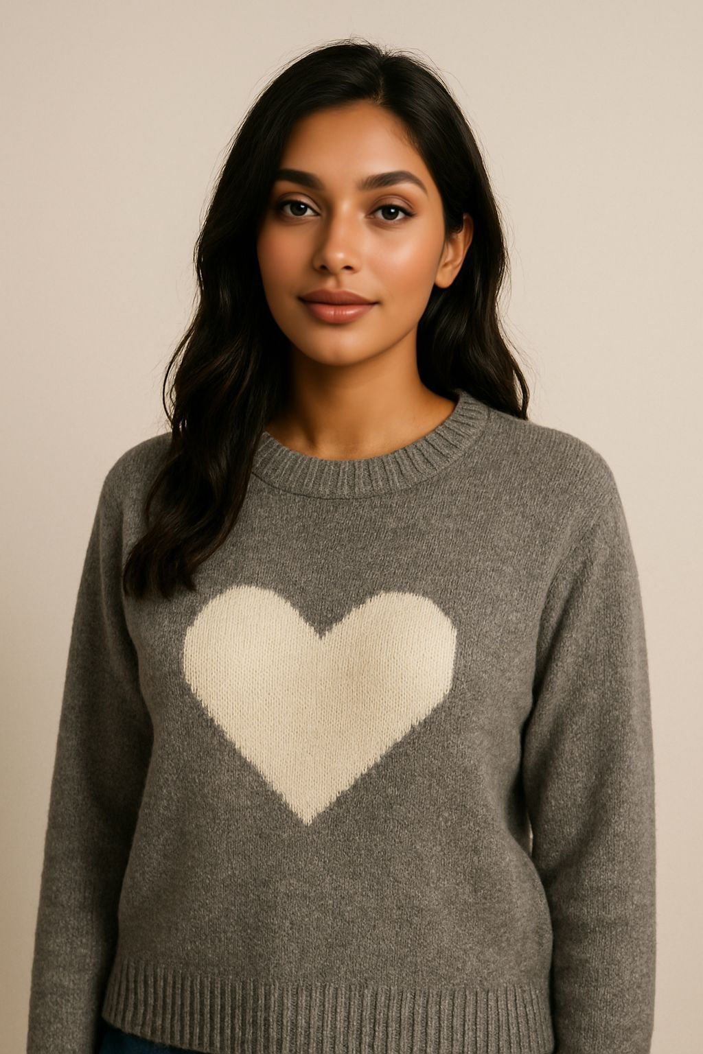 Cozy Grey Heart Knit Sweater – Chic & Casual Winter Wear