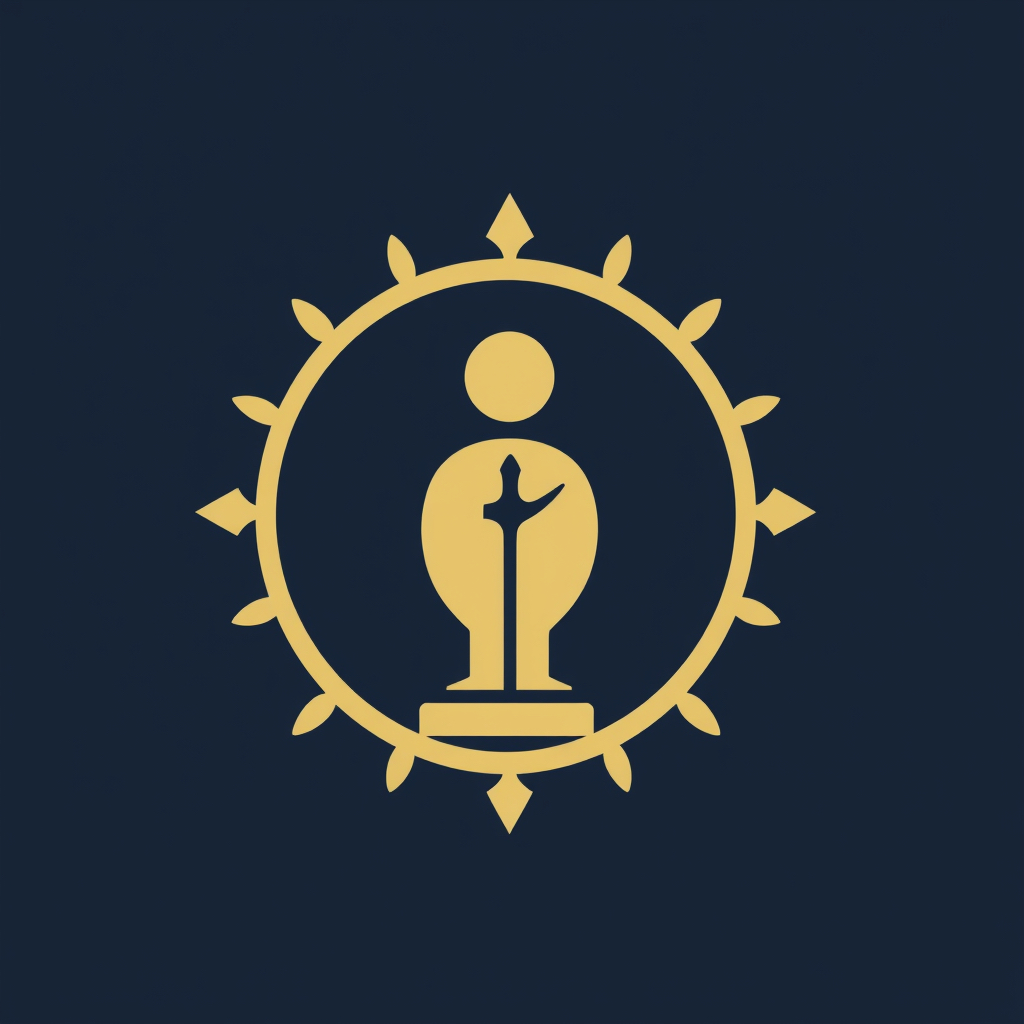 Golden emblem with figure holding sword