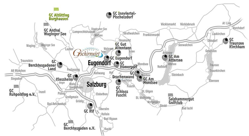 Landkarte Salzburger Land mit Position Gschirnwirt und GC Altötting-Burghausen