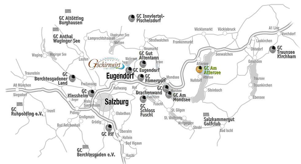 Landkarte Salzburger Land mit Position Gschirnwirt und GC Am Attersee