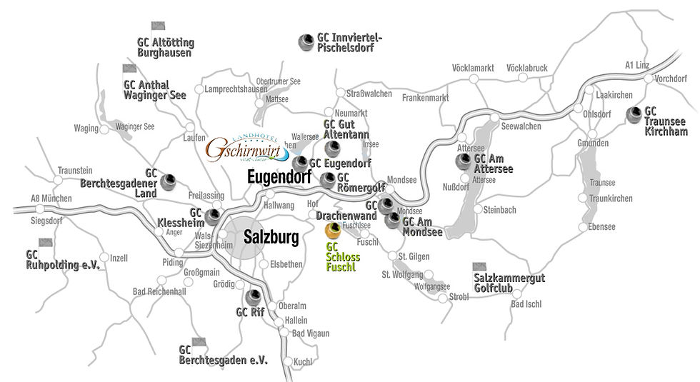 Landkarte Salzburger Land mit Position Gschirnwirt und GC Salzburg-Fuschl