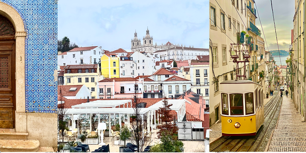 A view of Lisbon's facade of buildings, Portugues tiled building, and the famous Lisbon streetcar!