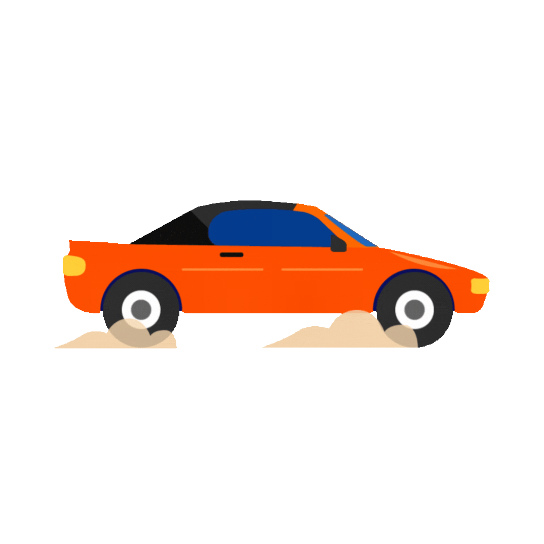 A cartoon illustration of a red convertible car driving to the right, kicking up dust clouds behind it. The car has a brown top and grey wheels.