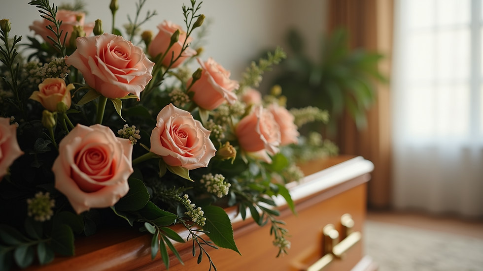 Close-up view of a wooden casket and floral arrangement ready for a home funeral