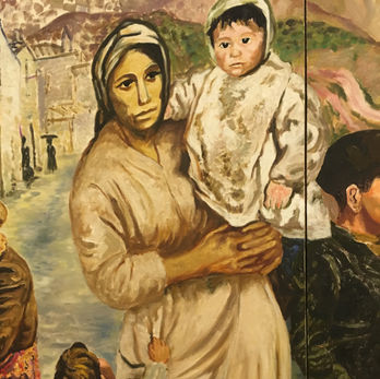 Mother holding baby part of  panoramic mural Lucania 61 at Palazzo Lanfranchi Museum, Matera, Italy