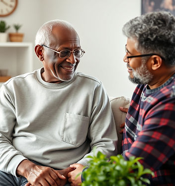 Elder African American man speaking with male Latino care giver