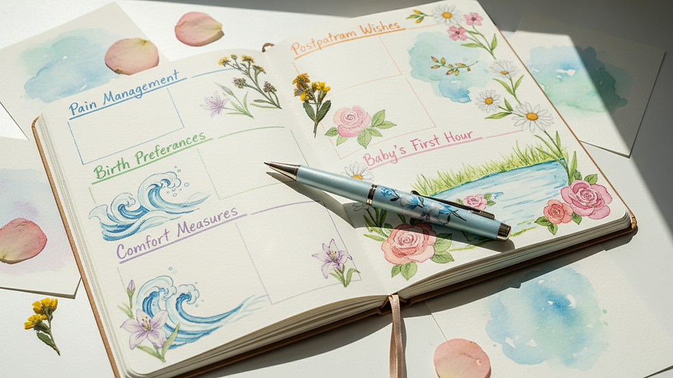 Close-up view of a birth plan notebook with colorful notes and a pen