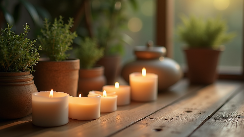 Close-up view of a serene meditation space with candles and plants