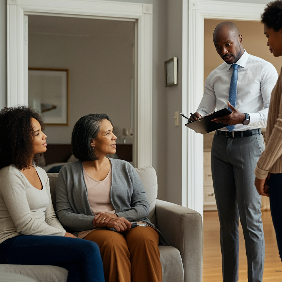 Tenant meeting with a property management company representative to discuss lease agreements in a rental property.