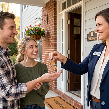Property manager handing keys to a new tenant at a Newnan, GA rental home managed by Gatekeeper Properties